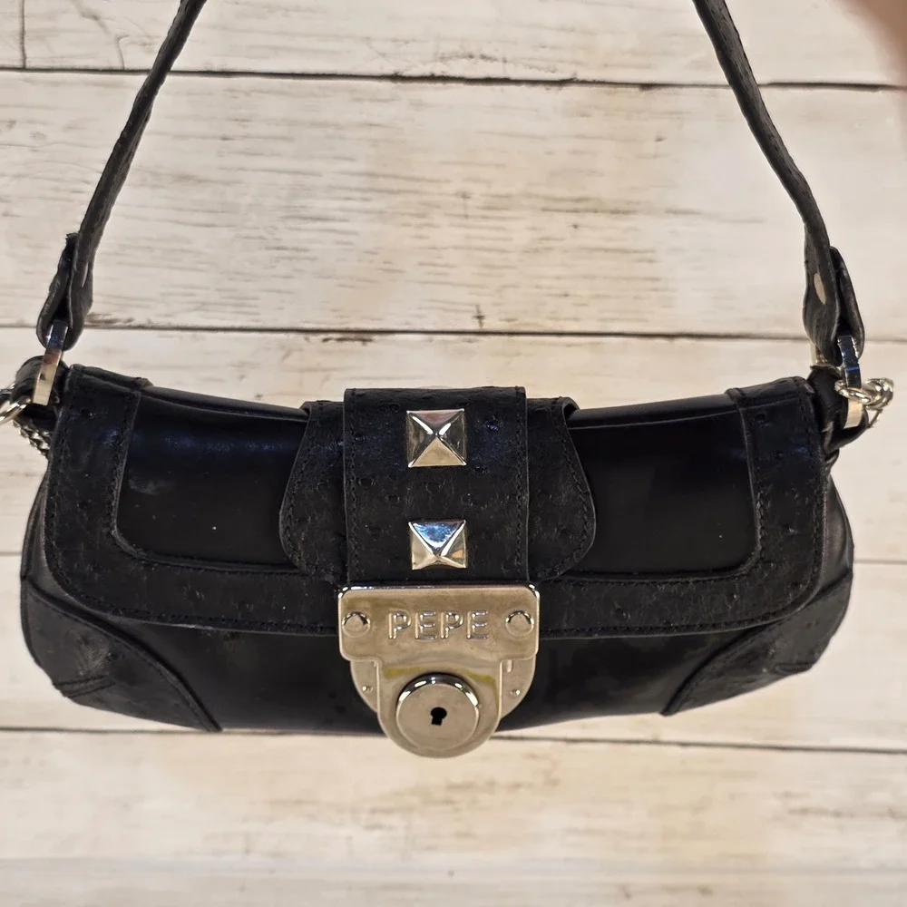 Pepe Jeans London Black Ostrich Embossed Studded Y2K Baguette Shoulder Bag‎
